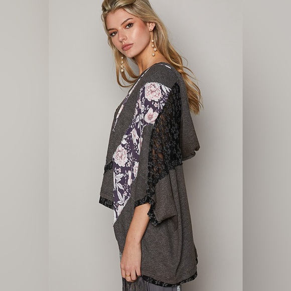 126B. Oversized Floral Peace Patch Lace Top - Charcoal Black - Picture 3 of 4